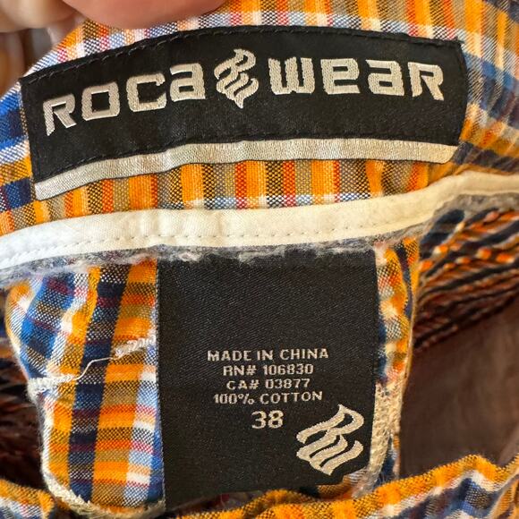 Rocawear Plaid Seersucker Shorts 38 Orange Navy Hip Hop Streetwear Y2K - Picture 5 of 8